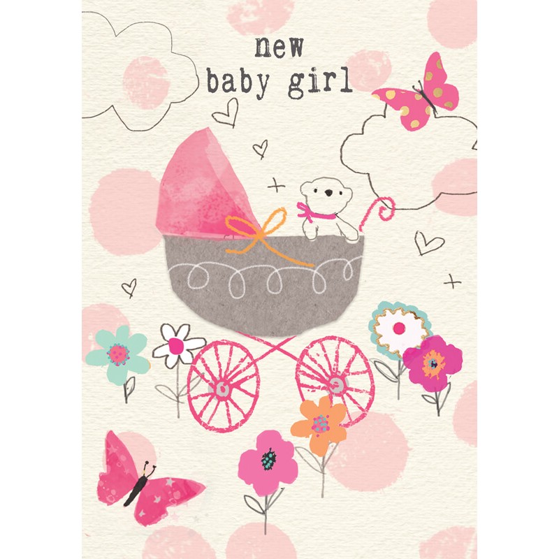 Felicitare ursulet si carucior New Baby Girl krbaby.ro