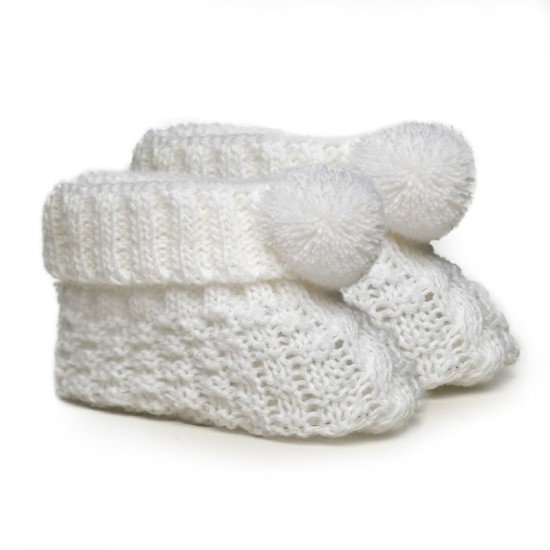 Botosei bebe tricotati Soft Touch albi cu pom pom