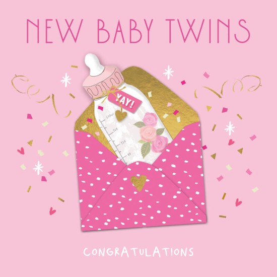 Felicitare pentru gemeni Baby Twins model plic roz