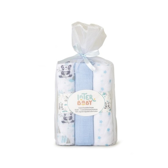 Set 3 museline 80 x 80 cm Inter Baby model panda - alb si bleu