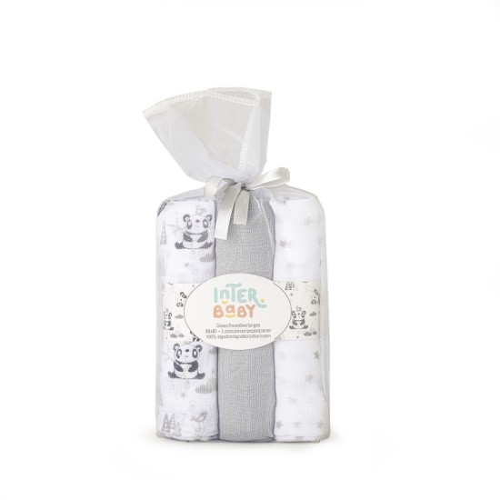 Set 3 museline 80 x 80 cm Inter Baby model panda - alb si gri