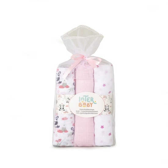 Set 3 museline 80 x 80 cm Inter Baby model panda - alb si roz