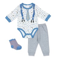 Set 3 piese pentru bebelusi model bretele si cravata - marimea 6-9 luni