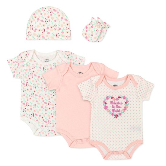 Set cadou bebe 5 piese bumbac model floricele 3-6 luni