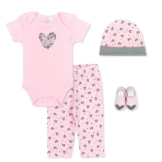 Set cadou nou nascuti 4 piese din bumbac model inimioare - roz