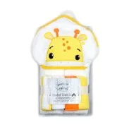 Set cadou bebelusi cu 4 mini prosopele si prosop cu gluga din bumbac - girafa