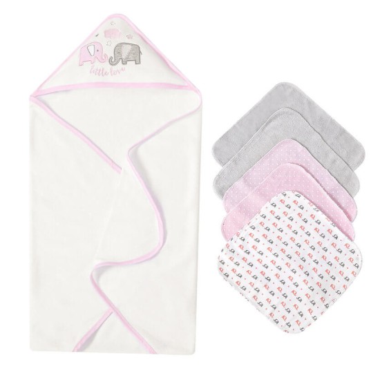 Set cadou bebelusi cu 5 mini prosopele si prosop de baie cu gluga - little love