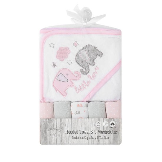 Set cadou bebelusi cu 5 mini prosopele si prosop de baie cu gluga - little love