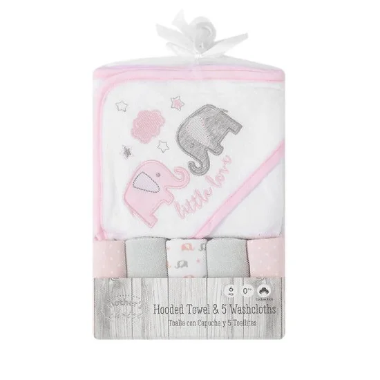 Set cadou bebelusi cu 5 mini prosopele si prosop de baie cu gluga - little love