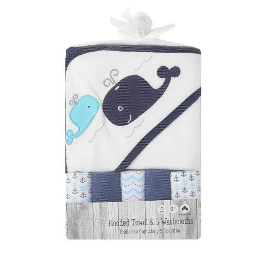Set cadou bebelusi cu 5 mini prosopele si prosop de baie cu gluga - model marin