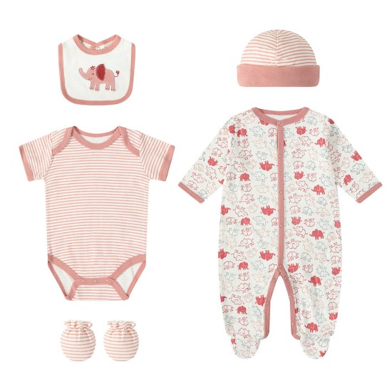 Set cadou bebe 5 piese bumbac model elefantei 3-6 luni