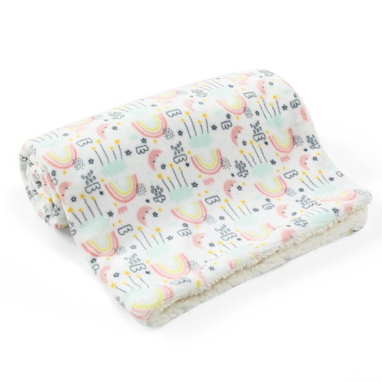 Paturica pufoasa pentru bebelusi 75 x 100 cm - model curcubeu si stelute