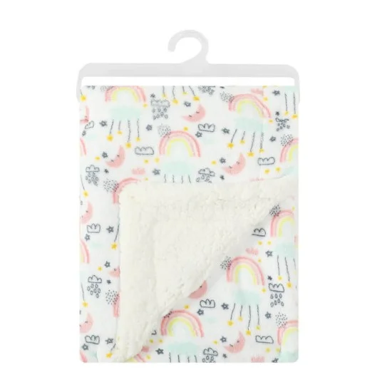 Paturica pufoasa pentru bebelusi 75 x 100 cm - model curcubeu si stelute