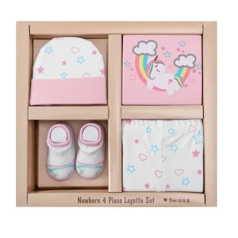 Set cadou nou nascuti 4 piese din bumbac model unicorn Infancie
