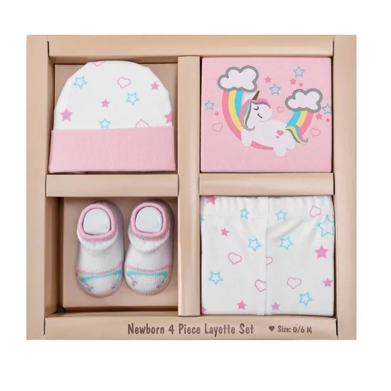 Set cadou nou nascuti 4 piese din bumbac model unicorn Infancie