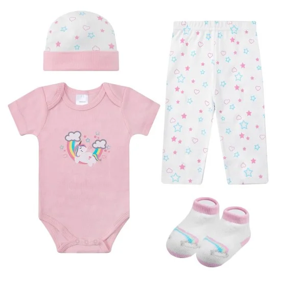Set cadou nou nascuti 4 piese din bumbac model unicorn Infancie