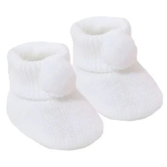 Botosei tricotati cu pom-pom Soft Touch albi pentru nou-nascuti