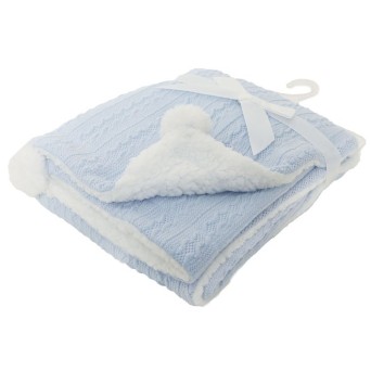 Paturica premium tricotata cu blanita si ciucuri Soft Touch bleu/alb 75x90 cm