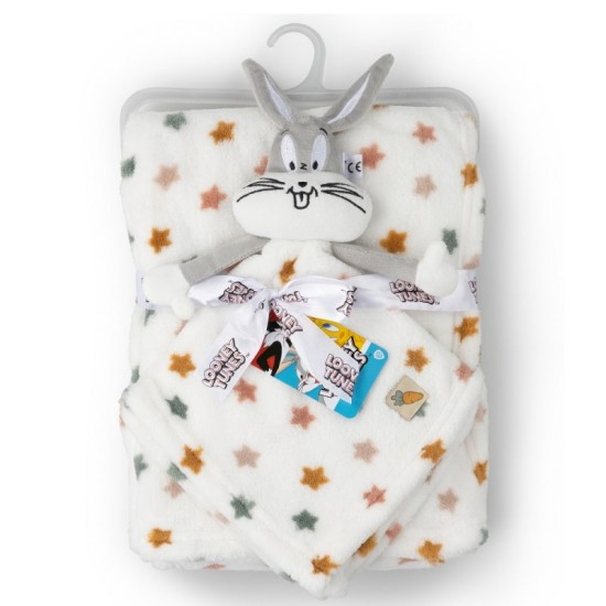 Set cadou bebe cu jucarie de plus Bugs Bunny si paturica alba cu stelute