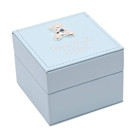 Cutie de amintiri pentru șuviță și dințișor Bambino by Juliana, culoare bleu, cu interior catifelat gri și două compartimente.