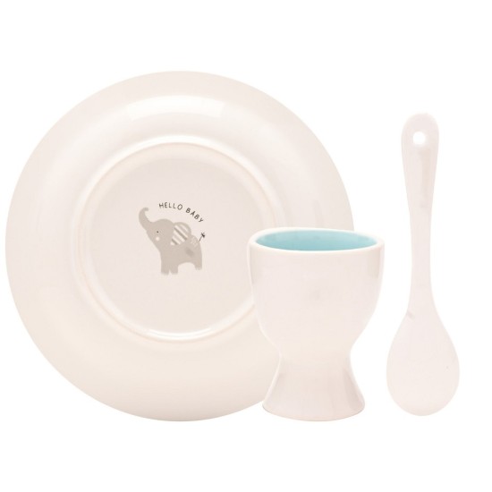 Set suport de ou cu lingurita si farfurie Hello Baby bleu