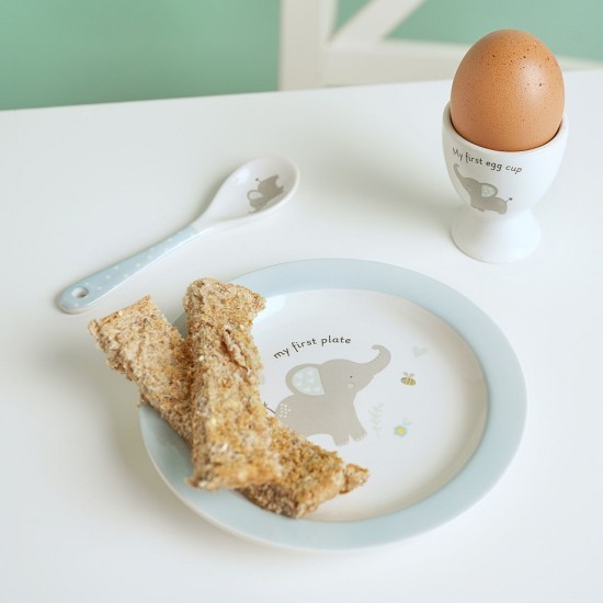 Set suport de ou cu lingurita si farfurie Hello Baby bleu