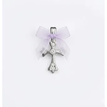 Cruciulita botez argintie cu strasuri si fundita lila organza