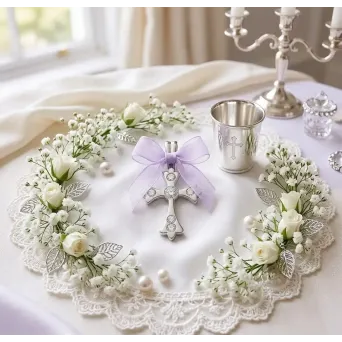 Cruciulita botez argintie cu strasuri si fundita lila organza