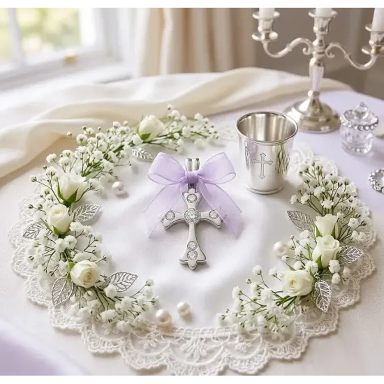 Cruciulita botez argintie cu strasuri fundita lila organza