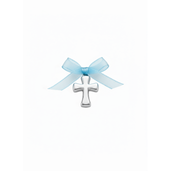 Cruciulita botez argintie fundita bleu organza