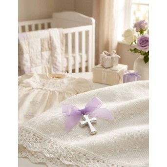 Cruciulita botez argintie fundita lila organza