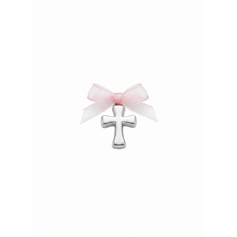 Cruciulita botez argintie fundita roz organza