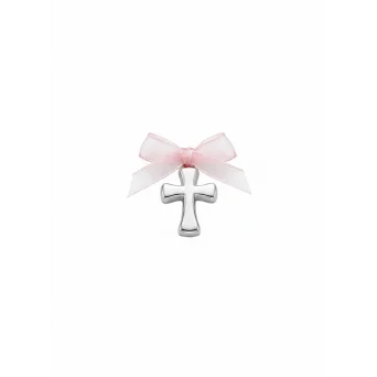 Cruciulita botez argintie fundita roz organza