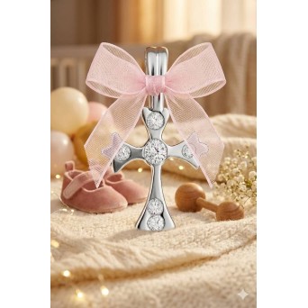 Cruciulita botez argintie fundita roz organza si strasuri