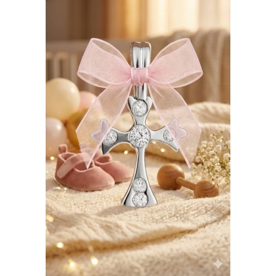 Cruciulita botez argintie fundita roz organza si strasuri