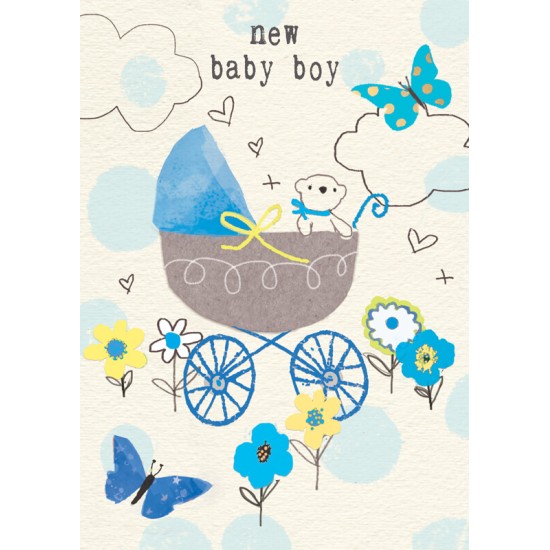 Felicitare ursulet si carucior New Baby Boy krbaby.ro