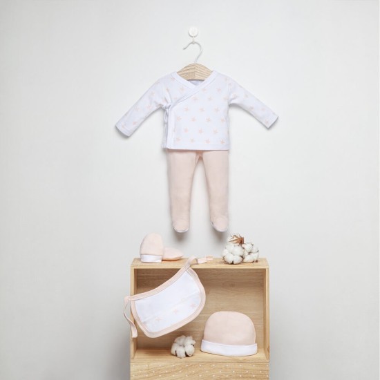 Set cadou nou nascuti 5 piese din bumbac Inter Baby - alb si stelute roz