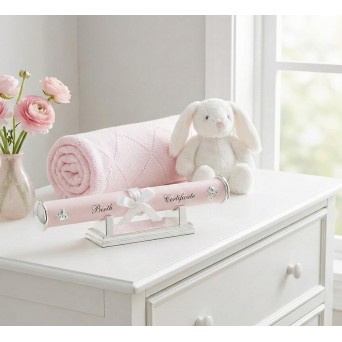 Suport argintat certificat de nastere roz Baby Girl - Silver Memories