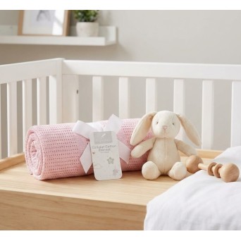 Paturica celulara din bumbac roz Hugs & Kisses pentru bebelusi 70x90 cm