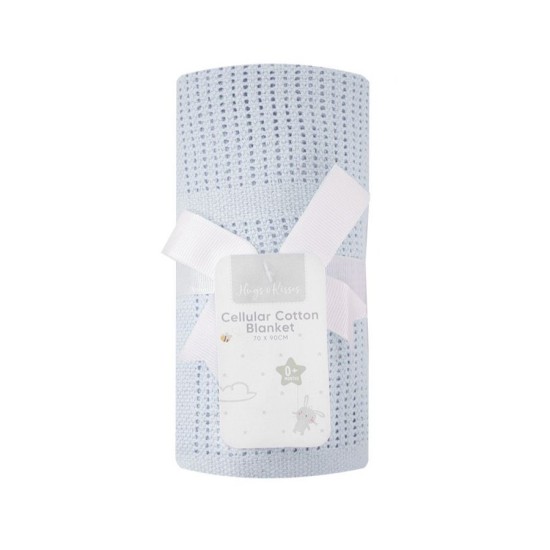 Paturica celulara din bumbac bleu Hugs & Kisses pentru bebelusi 70x90 cm