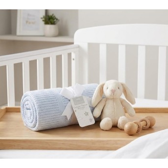 Paturica celulara din bumbac bleu Hugs & Kisses pentru bebelusi 70x90 cm
