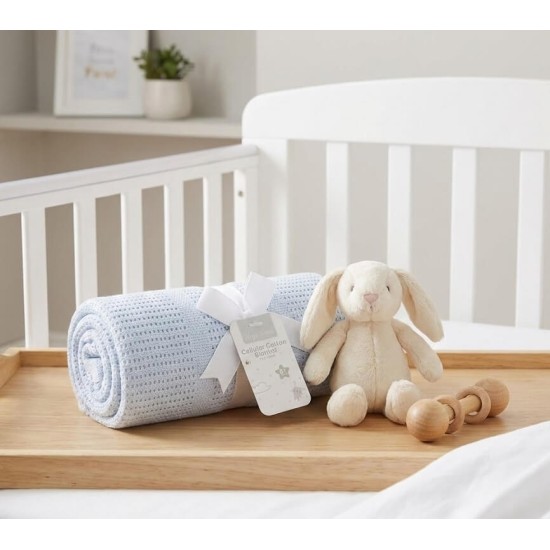 Paturica celulara din bumbac bleu Hugs & Kisses pentru bebelusi 70x90 cm