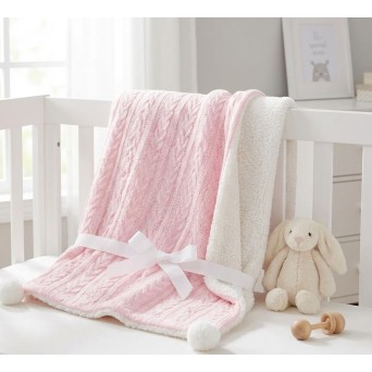 Paturica premium tricotata cu blanita si ciucuri Soft Touch roz/alb 75x90 cm