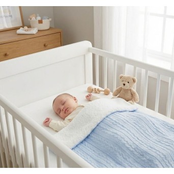 Paturica premium tricotata cu blanita si ciucuri Soft Touch bleu/alb 75x90 cm