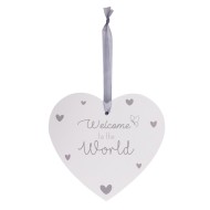 Placuta decorativa din lemn inimioara Hugs & Kisses Welcome Baby 14x13 cm