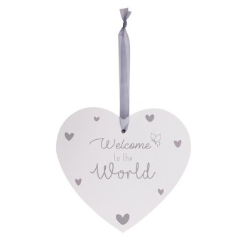 Placuta decorativa din lemn inimioara Hugs & Kisses Welcome Baby 14x13 cm
