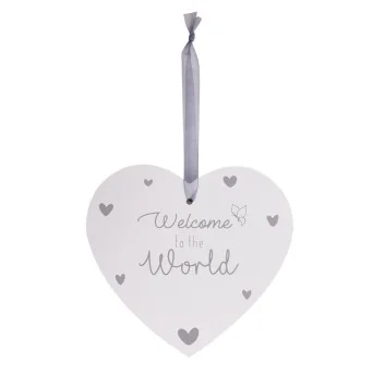 Placuta decorativa din lemn inimioara Hugs & Kisses Welcome Baby 14x13 cm