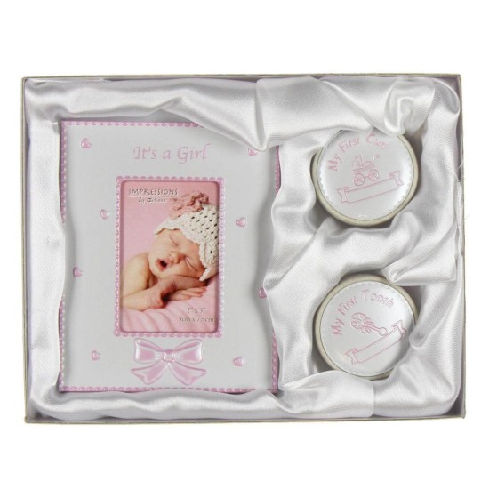 Set cadou rama foto, cutiuta prima suvita si cutiuta primul dintisor Pink Juliana - krbaby.ro