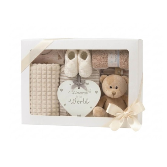 Set cadou bebelusi 11 piese unisex crem cu ursulet paturica wafer flannel body-uri bumbac 0-3 3-6 luni si set perie pieptan eco-friendly