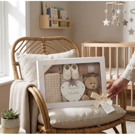 Set cadou bebelusi 11 piese unisex crem cu ursulet paturica wafer flannel body-uri bumbac 0-3 3-6 luni si set perie pieptan eco-friendly